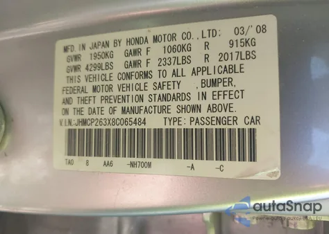 2008 Honda Accord 2.4 Lx из США, поврежденный, VIN JHMCP263X8C065484